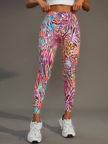 SHEIN Cheerettes 女款動物印花運動緊身褲，彈性伸縮瑜伽健身運動緊身褲，秋冬運動服飾 - 彩色 - 查看 2