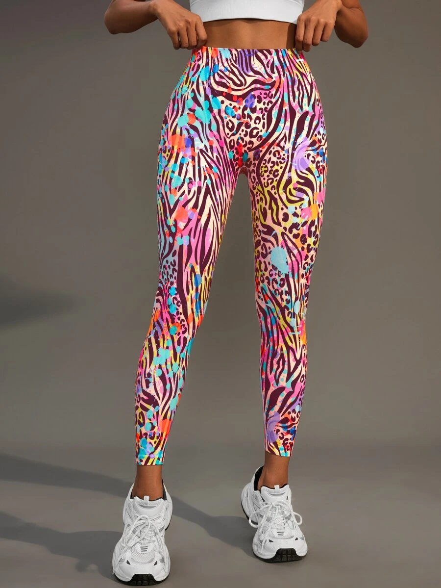 SHEIN Cheerettes Women's Animal Print Athletic Leggings, Elastic Stretch Tight Yoga Gym Workout Sportswear Activewear Pant For Fall Winter - Multicolor - View 1
