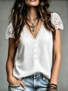 Breezaya Swiss Dot Guipure Lace Detail Contrast Embroidered Mesh Blouse - White - View 1