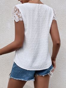 Breezaya Swiss Dot Guipure Lace Detail Contrast Embroidered Mesh Blouse - White - View 2