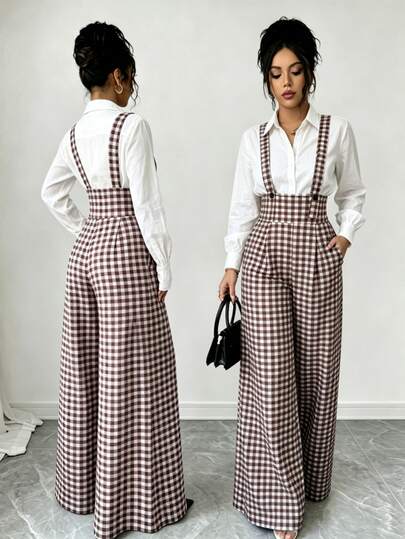 Elenzga Vintage Brown & White Plaid Mid-Waist Suspenders Wide Leg Pants, Loose Drape Slimming Casual Retro Checkered Women's Long Pants