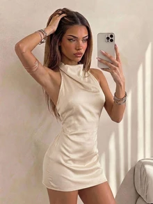 SHEIN ICON 女士纯色露背系带褶皱迷你连衣裙，约会时尚之选 - 杏色 - 查看 8
