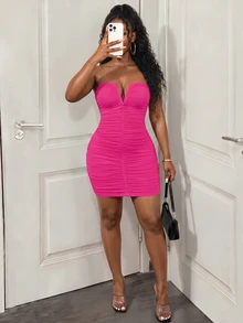 BamGleam Deep V-Neck Pleated Solid Sleeveless Bodycon Dress - Hot Pink - View 6