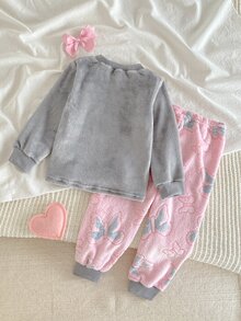 SHEIN 女童幼兒優雅仙女公主考拉時尚眼鏡毛絨貼花嬰兒粉長袖上衣粉色蝴蝶長褲2件套秋季 - 灰色 - 查看 3