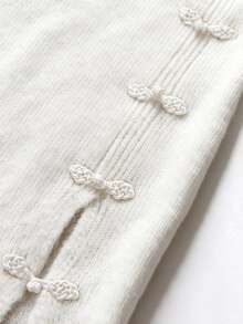 Penseblé Elegant New Chinese Style Frog Button Knit Dress, Women V Neck Lantern Sleeve Fuzzy Knit Side Slit Sweater Dress - White - View 4