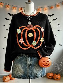 Lalippa Women's Fashion Holiday 3D Floral Decor Sweater - Black - View 7
