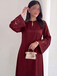 Yasmyna Spring/Summer Gentle Elegant Fashionable Versatile Lace Cuff Water Drop Neck Women's Dress - Burgundy - View 5