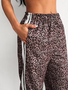 StreetHx Women's Fashion Casual Leopard Print Webbing Patchwork Autumn/Winter Sports Long Pants - Brown - View 7