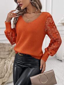 SHEIN Clasi Contrast Lace Lantern Sleeve Sweater In Autumn Halloween Brunch Burnt Orange Elegant Casual - Rust Brown - View 1