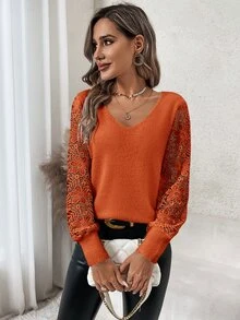 SHEIN Clasi Contrast Lace Lantern Sleeve Sweater In Autumn Halloween Brunch Burnt Orange Elegant Casual - Rust Brown - View 3