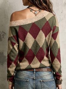 Glimmora Plus Size Women's Diamond Pattern Contrast Lace One-Shoulder Long Sleeve Elegant T-Shirt - Multicolor - View 2