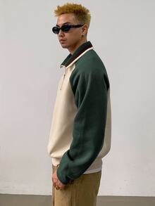 DAZY Sudadera de cuarto zip con mangas raglán, bordado de letras y contraste de color para hombre, otoño - Verde - Ver 5