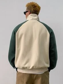 DAZY Sudadera de cuarto zip con mangas raglán, bordado de letras y contraste de color para hombre, otoño - Verde - Ver 2