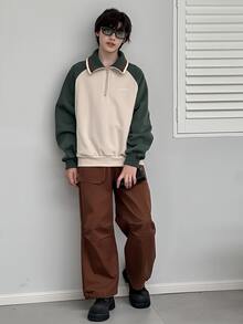 DAZY Sudadera de cuarto zip con mangas raglán, bordado de letras y contraste de color para hombre, otoño - Verde - Ver 4