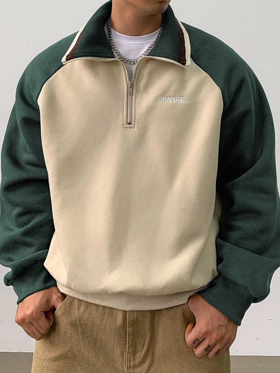DAZY Sudadera de cuarto zip con mangas raglán, bordado de letras y contraste de color para hombre, otoño - Verde - Ver 1
