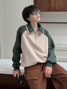 DAZY Sudadera de cuarto zip con mangas raglán, bordado de letras y contraste de color para hombre, otoño - Verde - Ver 3