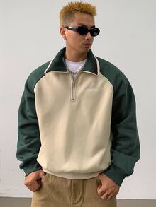 DAZY Sudadera de cuarto zip con mangas raglán, bordado de letras y contraste de color para hombre, otoño - Verde - Ver 6