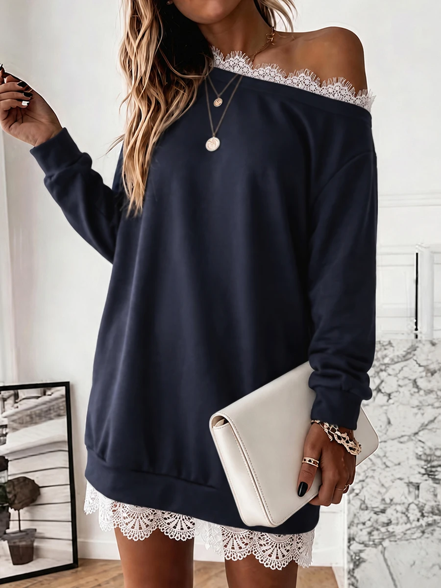 Balvessa Women's Lace Patchwork Cold Shoulder Long Sleeve Mini Dress - Navy Blue - View 1