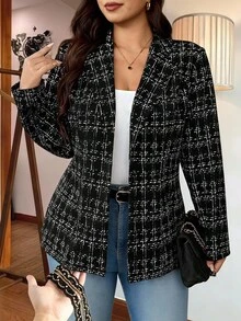 SHEIN Clasi Plus Size Women's Plaid Lapel Neck Long Sleeve Casual Smart Business Elegant Blazer Formal Office Working Black And White Fall Teachers' Day - Black - View 1