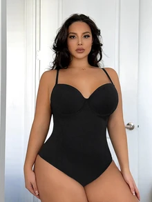 SHEIN SXY Plus Size Women's Solid Color Sleeveless Bodysuit - Black - View 7