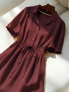 Franclia 新款春夏翻领短袖束腰连衣裙 - 酒紅色 - 查看 3