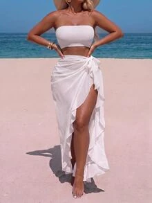 Swim Vcay Baju Terusan Wanita Ukuran Plus Warna Polos Longgar Berkerut untuk Liburan Pantai, Pesta, dan Acara Musim Panas Seksi Tropis - Putih - View 3