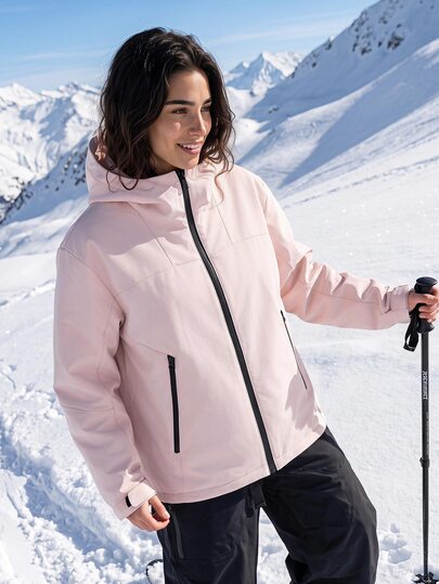 Exploreva Light Pink Short Women's Hooded Windbreaker, Contrast Zipper Pockets, Drawstring Hem Waist, Lightweight And Minimalist Fit, Suitable For Outdoor Activities And Daily Wear