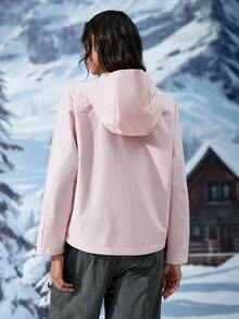 Exploreva Light Pink Short Women's Hooded Windbreaker, Contrast Zipper Pockets, Drawstring Hem Waist, Lightweight And Minimalist Fit, Suitable For Outdoor Activities And Daily Wear - Pink - View 3