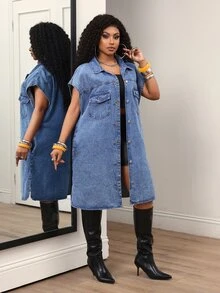 Slaydiva 大尺碼女款休閒鈕扣口袋設計牛仔夾克 - 藍色 - 查看 4