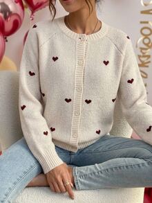 SHEIN Franclia 圓領愛心提花修身針織開襟衫 秋冬日常約會米色可愛浪漫 - 白色 - 查看 5