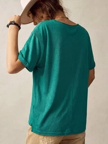 Bohemela 女款休閒純色針織V領短袖寬鬆版型T恤 - 綠色 - 查看 4