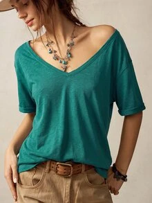 Bohemela 女款休閒純色針織V領短袖寬鬆版型T恤 - 綠色 - 查看 2