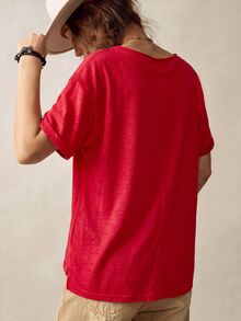 Bohemela 休閒純色針織V領短袖寬鬆女款T恤 - 紅色 - 查看 7