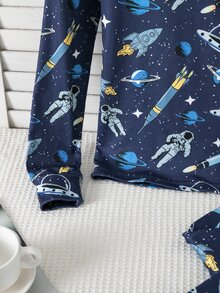 SHEIN Piyama Lengan Panjang Pas Badan Motif Roket Luar Angkasa untuk Anak Laki-laki Remaja, Pas Badan Elastis Motif Planet Pakaian Rumah Nyaman untuk Anak-anak, Set 2 Potong - Navy Blue - View 5