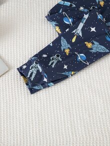 SHEIN Piyama Lengan Panjang Pas Badan Motif Roket Luar Angkasa untuk Anak Laki-laki Remaja, Pas Badan Elastis Motif Planet Pakaian Rumah Nyaman untuk Anak-anak, Set 2 Potong - Navy Blue - View 8