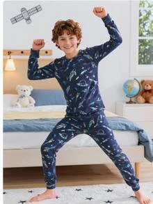 SHEIN Piyama Lengan Panjang Pas Badan Motif Roket Luar Angkasa untuk Anak Laki-laki Remaja, Pas Badan Elastis Motif Planet Pakaian Rumah Nyaman untuk Anak-anak, Set 2 Potong - Navy Blue - View 2