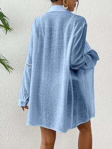 SHEIN Swim Basics Women's Solid Color Long Sleeve Single-Breasted Casual Cover Up Kimono Cover-Up For Summer Beach Vacation - Baby Blue - View 2