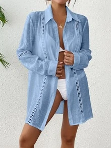 SHEIN Swim Basics Women's Solid Color Long Sleeve Single-Breasted Casual Cover Up Kimono Cover-Up For Summer Beach Vacation - Baby Blue - View 4