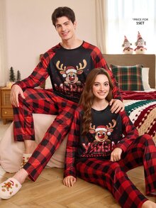 CoupledUp طقم ملابس منزلية بأكمام طويلة بطبعة الرنة المرحة لعيد الميلاد باللون الأحمر والأسود بنمط مربعات - متعدد الألوان - مشاهدة 4