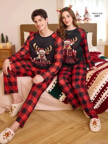 CoupledUp طقم ملابس منزلية بأكمام طويلة بطبعة الرنة المرحة لعيد الميلاد باللون الأحمر والأسود بنمط مربعات - متعدد الألوان - مشاهدة 5