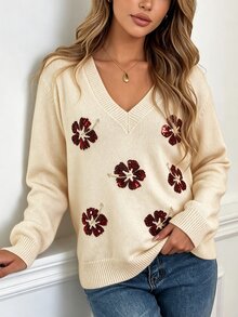 SHEIN Women's V-Neck Floral Pattern Casual Daily Long Sleeve Sweater - Apricot - View 5