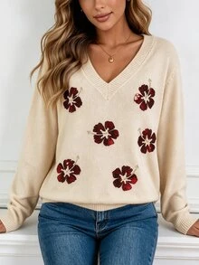SHEIN Women's V-Neck Floral Pattern Casual Daily Long Sleeve Sweater - Apricot - View 11