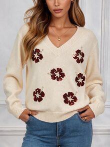 SHEIN Women's V-Neck Floral Pattern Casual Daily Long Sleeve Sweater - Apricot - View 9