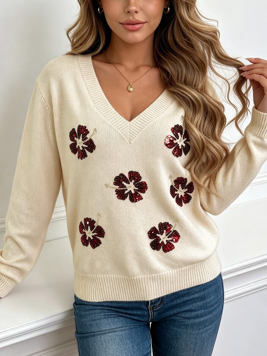 SHEIN Women's V-Neck Floral Pattern Casual Daily Long Sleeve Sweater