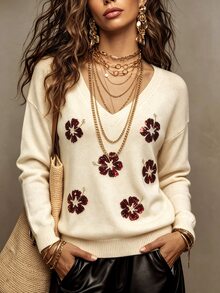 SHEIN Women's V-Neck Floral Pattern Casual Daily Long Sleeve Sweater - Apricot - View 3