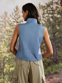 Exploreva Women's Solid Color Outdoor Zipper Slim Fit Vest Jacket - Dusty Blue - View 4