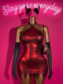 Slaydiva Vampire Asymmetrical Hem Halter Neck Tie Strap Dress, Wine Bottle Girl Bartender - Burgundy - View 6