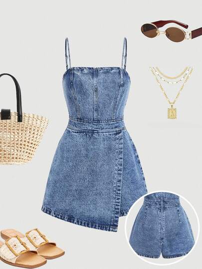 SHEIN Girlism Girls' Blue Denim Loose Strap Romper Summer World Cup Independence Day Beach Graduation