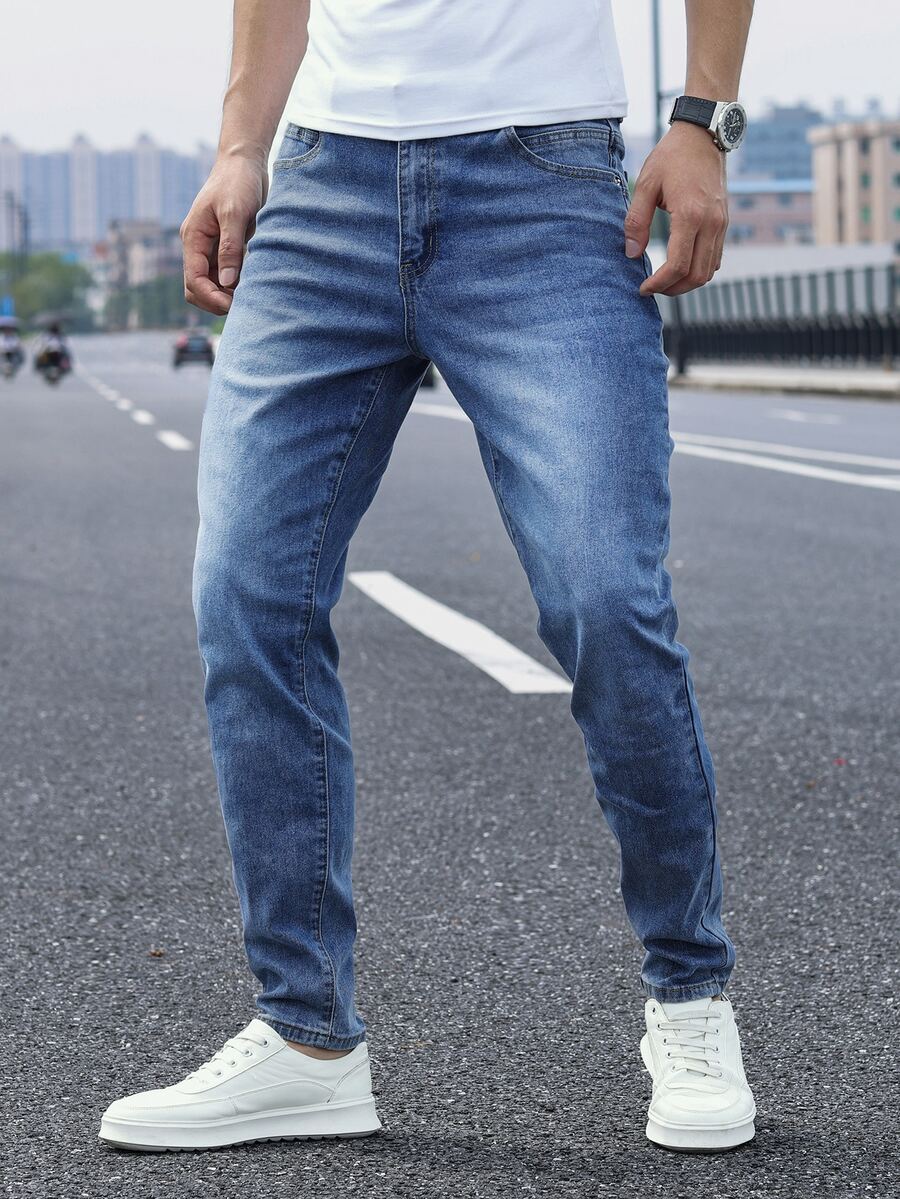 QuarKem 男士休閒水洗錐形腿牛仔褲 - 中等水洗藍 - 查看 1