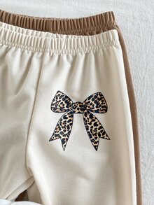 SHEIN 3件組幼兒女嬰慢跑運動長褲，可愛甜美白色黑色棕色豹紋愛心蝴蝶結印花，加厚款，適合派對、冬季、秋季、萬聖節、聖誕節 - 彩色 - 查看 9